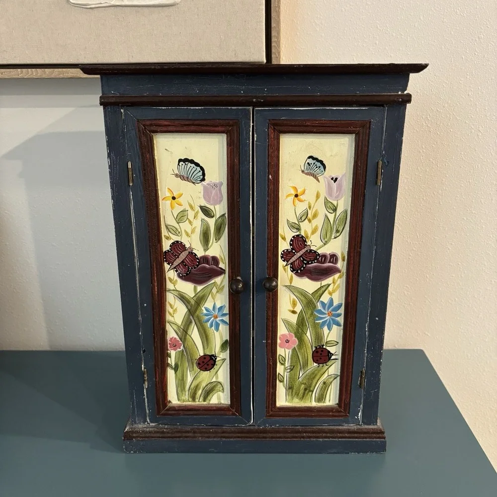 Blue Floral Painted Wood Cabinet Double Door 2 Shelves w Magnet Latch 14x10x5''